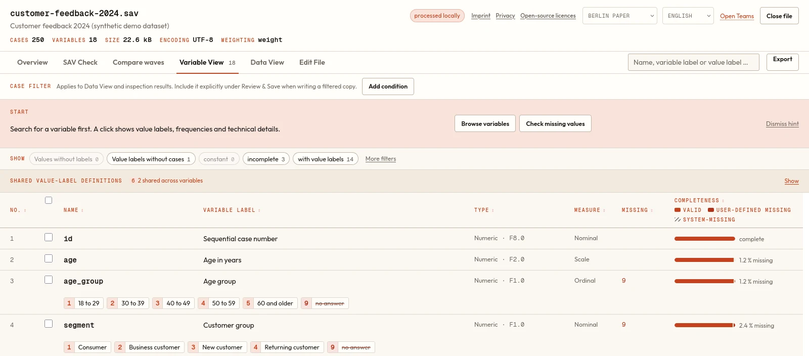 Variable View von SAV Inspector mit SPSS-Variablen, Wertelabels und Vollständigkeit